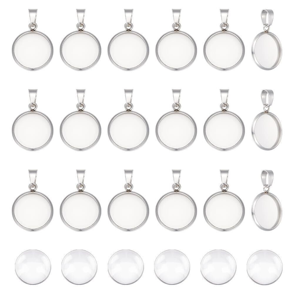 3310 50 Sets Cabochon Pendants Stainless Steel Round Cabochon Necklace